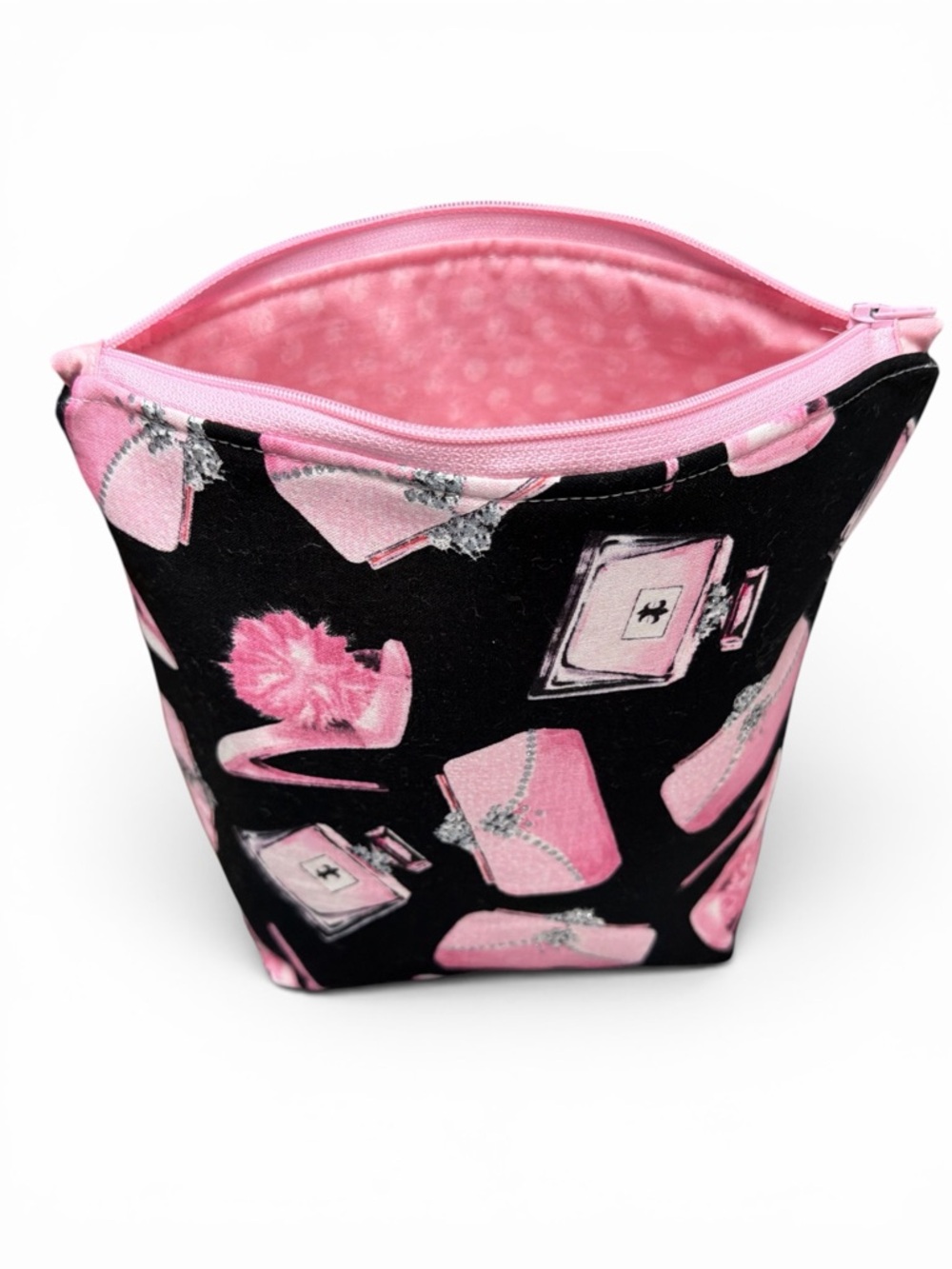 Hand Crafted Zippered Cosmetic Pouch Pink & Black with Purse Shoe Perfume Print